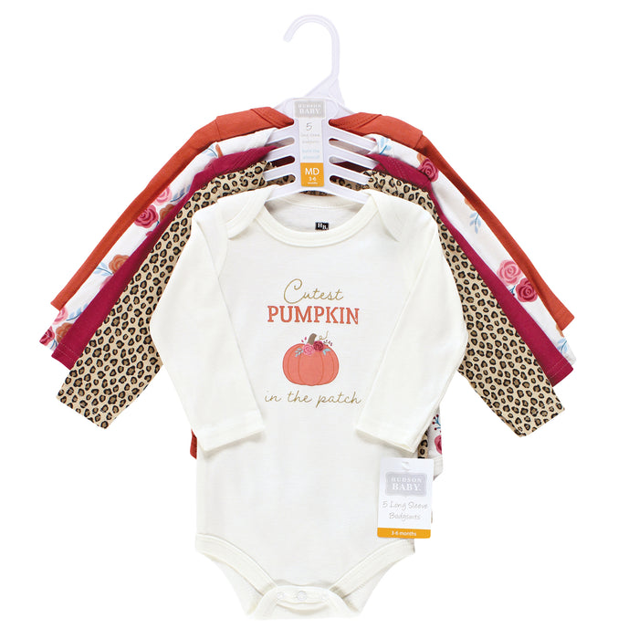 Hudson Baby Infant Girl Cotton Long-Sleeve Bodysuits, Cutest Pumpkin, 5-Pack