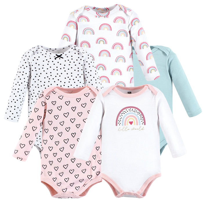 Hudson Baby Infant Girl Cotton Long-Sleeve Bodysuits, Modern Rainbow 5 Pack