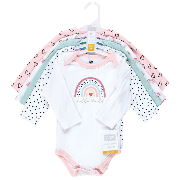 Hudson Baby Infant Girl Cotton Long-Sleeve Bodysuits, Modern Rainbow 5 Pack