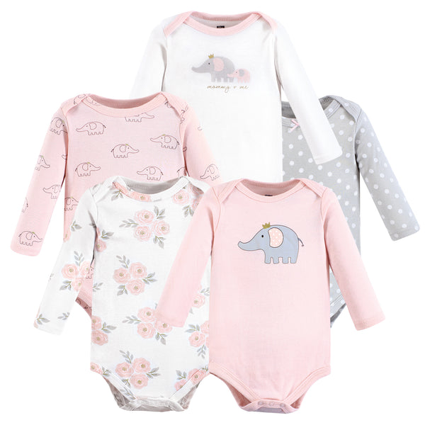 Hudson Baby Infant Girl Cotton Long-Sleeve Bodysuits, Pink Gray Elephant 5 Pack