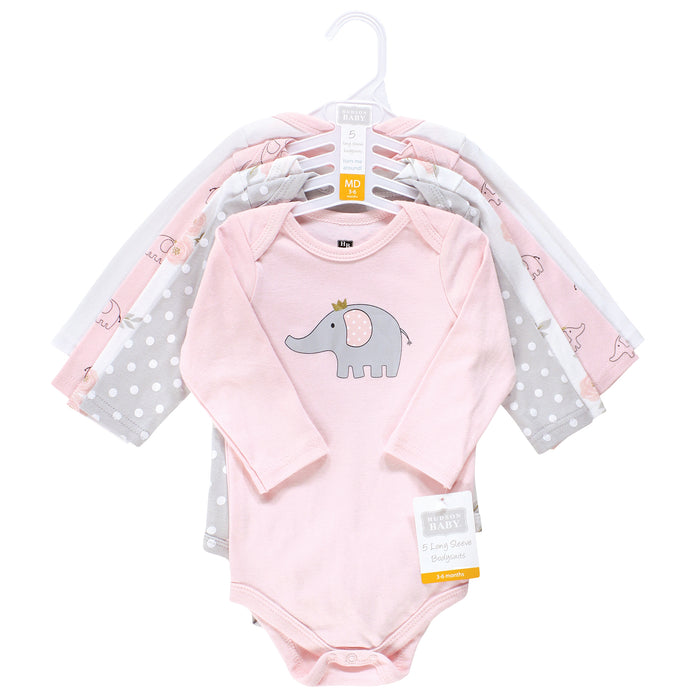 Hudson Baby Infant Girl Cotton Long-Sleeve Bodysuits, Pink Gray Elephant 5 Pack
