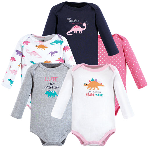 Hudson Baby Infant Girl Cotton Long-Sleeve Bodysuits, Cuteasaurus 5-Pack