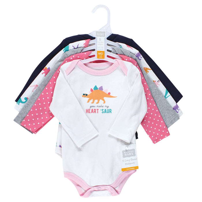 Hudson Baby Infant Girl Cotton Long-Sleeve Bodysuits, Cuteasaurus 5-Pack