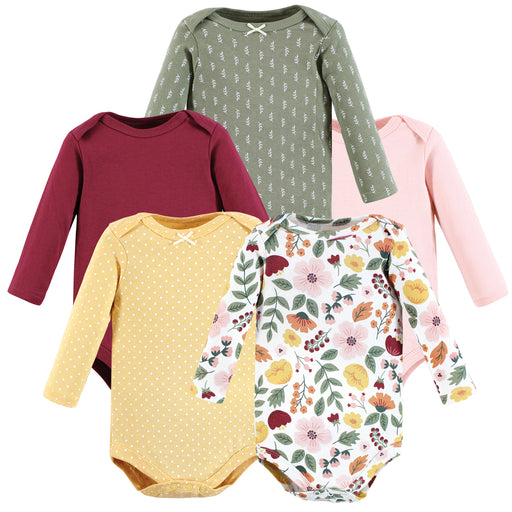 Hudson Baby Infant Girl Cotton Long-Sleeve Bodysuits, Fall Botanical 5-Pack