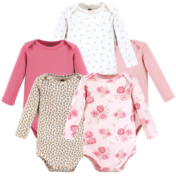 Hudson Baby Infant Girl Cotton Long-Sleeve Bodysuits, Blush Rose Leopard 5-Pack