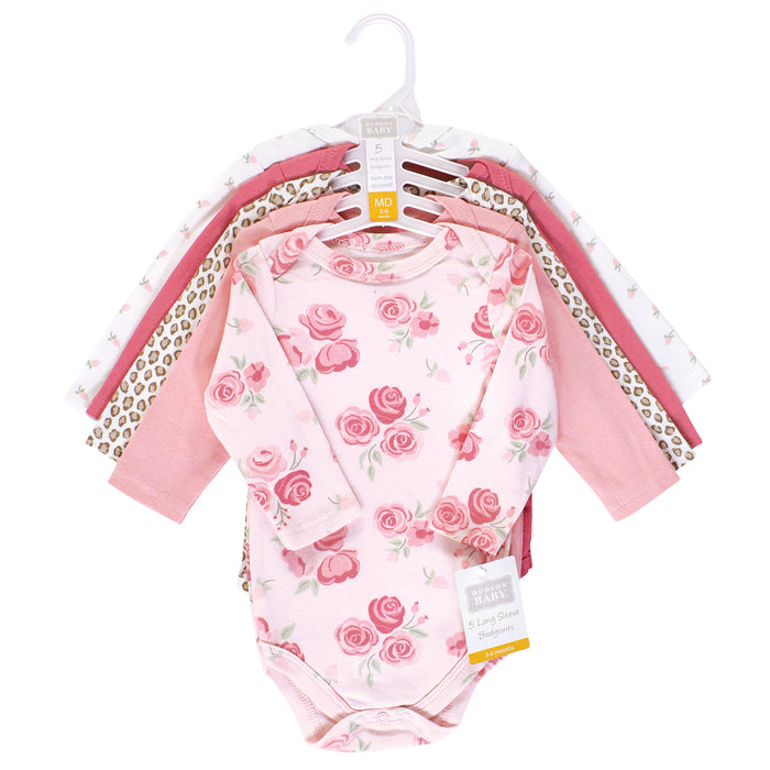 Hudson Baby Infant Girl Cotton Long-Sleeve Bodysuits, Blush Rose Leopard 5-Pack