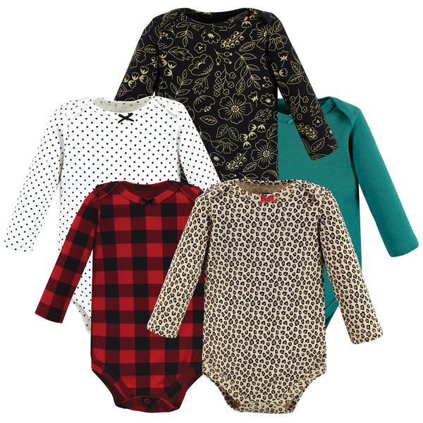 Hudson Baby Infant Girl Cotton Long-Sleeve Bodysuits, Buffalo Plaid Leopard