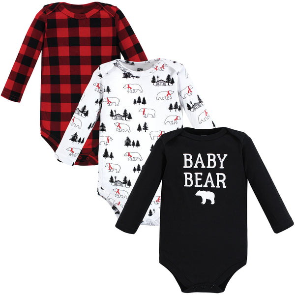 Hudson Baby Infant Boy Cotton Long-Sleeve Bodysuits, Buffalo Plaid Bear 3-Pack