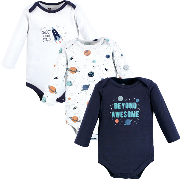 Hudson Baby Infant Boy Cotton Long-Sleeve Bodysuits, Space 3-Pack