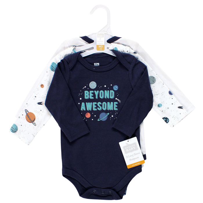 Hudson Baby Infant Boy Cotton Long-Sleeve Bodysuits, Space 3-Pack