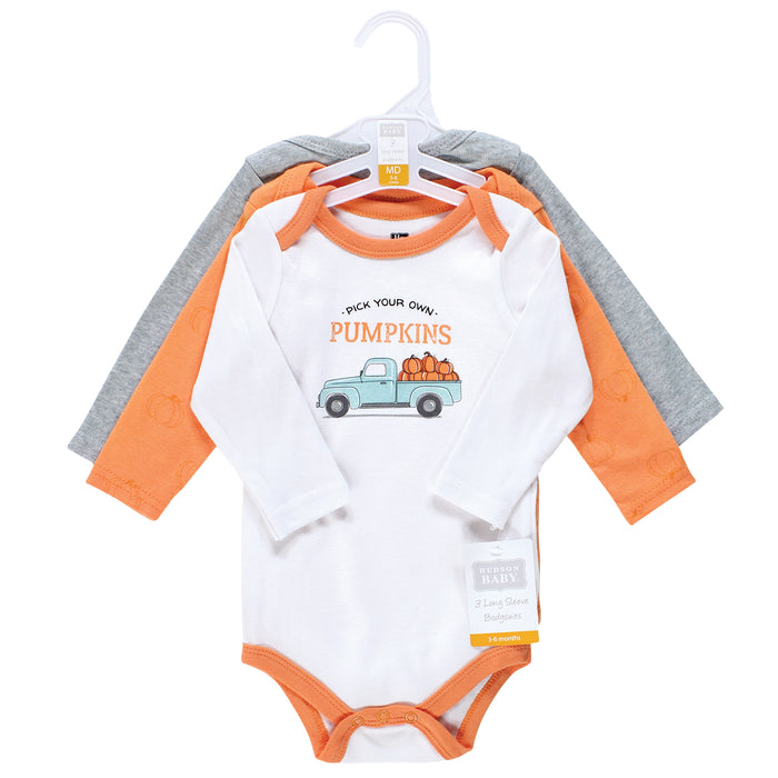 Hudson Baby Infant Boy Cotton Long-Sleeve Bodysuits, Pumpkin Truck 3-Pack