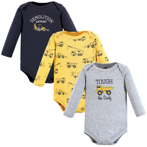 Hudson Baby Infant Boy Cotton Long-Sleeve Bodysuits, Construction 3-Pack