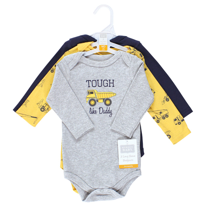 Hudson Baby Infant Boy Cotton Long-Sleeve Bodysuits, Construction 3-Pack