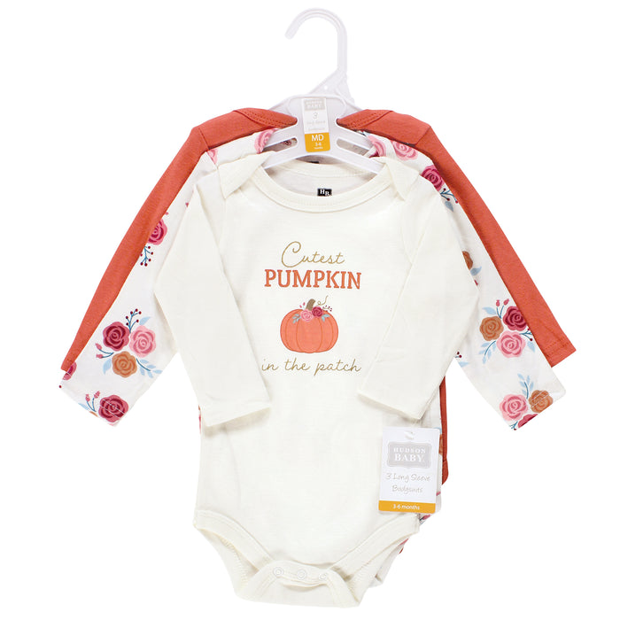 Hudson Baby Infant Girl Cotton Long-Sleeve Bodysuits, Cutest Pumpkin 3-Pack