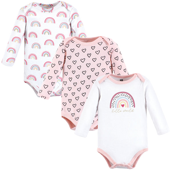 Hudson Baby Infant Girl Cotton Long-Sleeve Bodysuits, Modern Rainbow 3 Pack