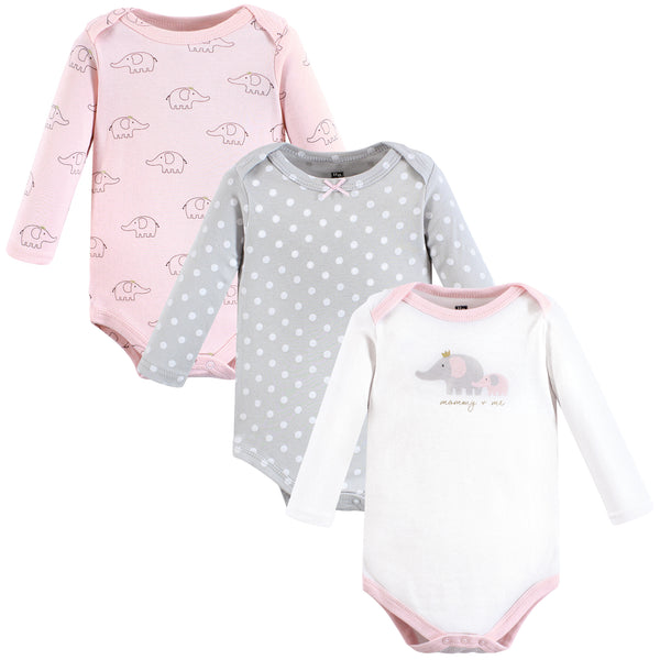 Hudson Baby Infant Girl Cotton Long-Sleeve Bodysuits, Pink Gray Elephant 3 Pack