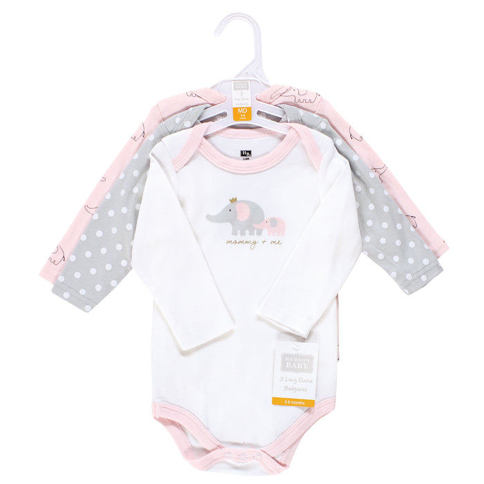Hudson Baby Infant Girl Cotton Long-Sleeve Bodysuits, Pink Gray Elephant 3 Pack