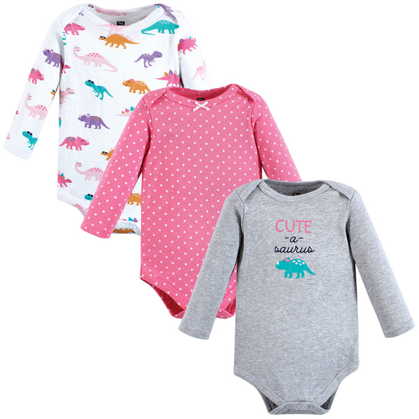 Hudson Baby Infant Girl Cotton Long-Sleeve Bodysuits, Cuteasaurus 3-Pack