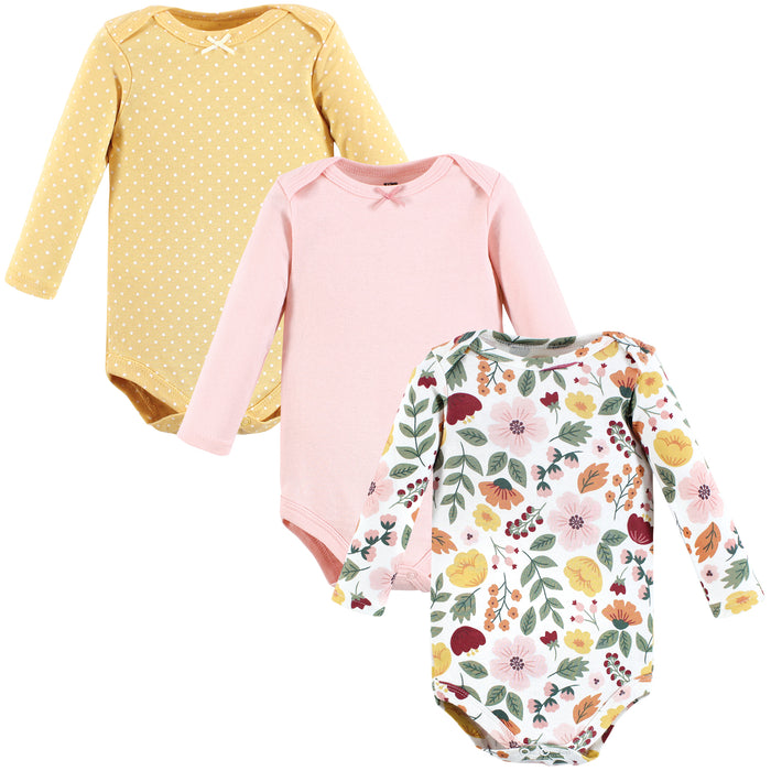 Hudson Baby Infant Girl Cotton Long-Sleeve Bodysuits, Fall Botanical 3-Pack