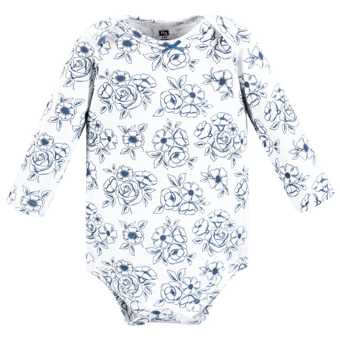 Hudson Baby Infant Girl Cotton Long-Sleeve Bodysuits, Blue Toile 3-Pack