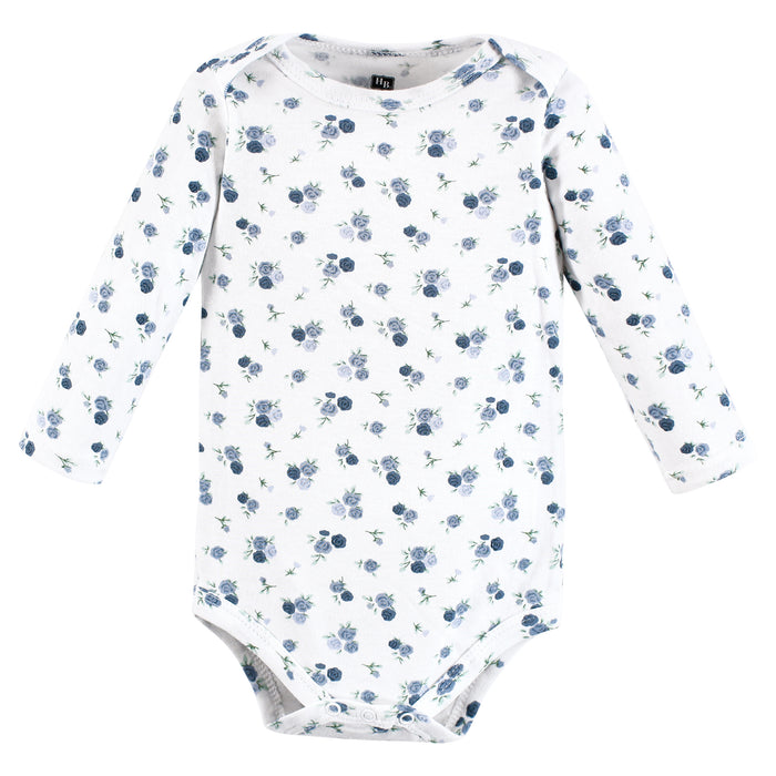 Hudson Baby Infant Girl Cotton Long-Sleeve Bodysuits, Blue Toile 3-Pack