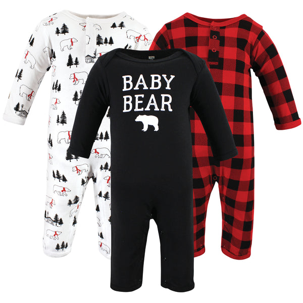 Hudson Baby 3-Pack Cotton Coveralls, Buffalo Plaid Bear