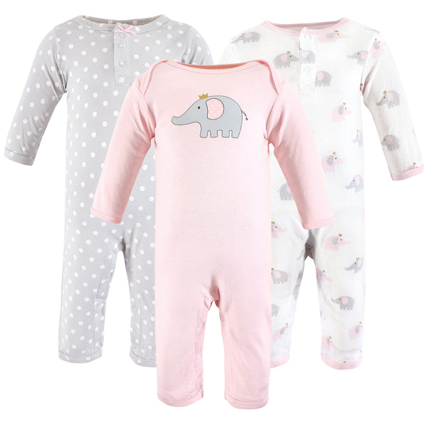 Hudson Baby Infant Girls Cotton Coveralls, Pink Gray Elephant