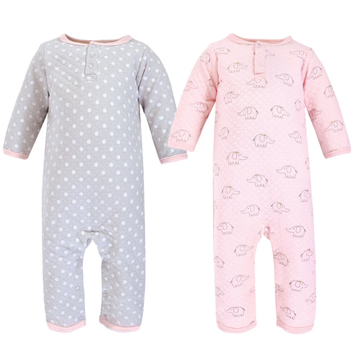 Hudson Baby Infant Girl Premium Quilted Coveralls, Pink Gray Elephant