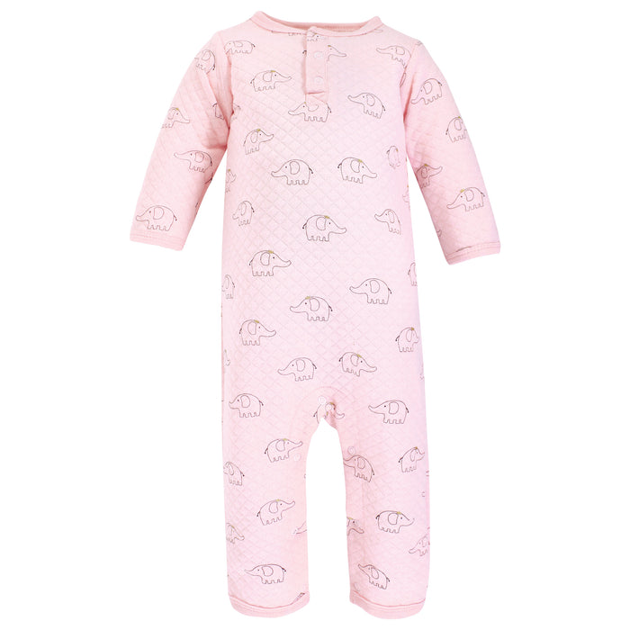 Hudson Baby Infant Girl Premium Quilted Coveralls, Pink Gray Elephant