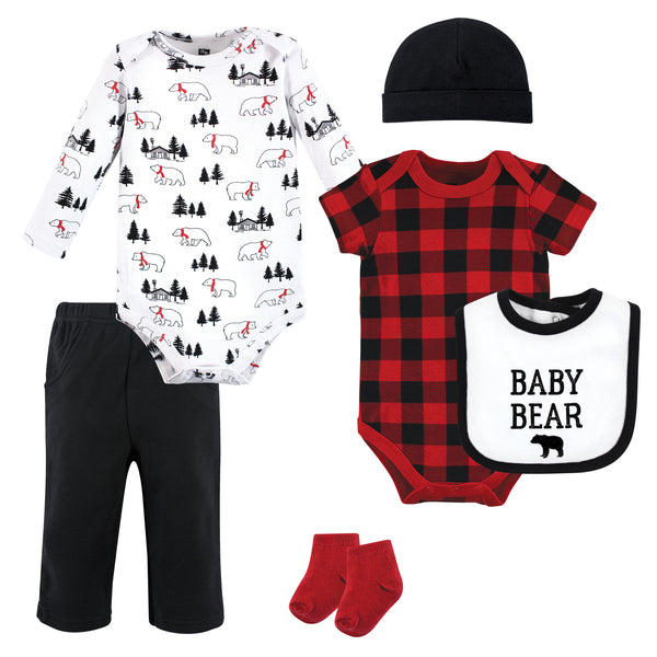 Hudson Baby Cotton 6-Piece Layette Set, Buffalo Plaid Bear