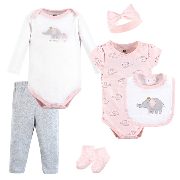 Hudson Baby Infant Girl Cotton Layette Set, Pink Gray Elephant