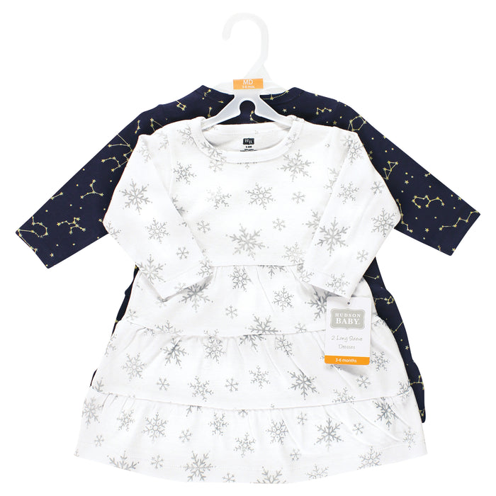 Hudson Baby Girl Cotton Dresses, Metallic Snowflake Star 2-Pack