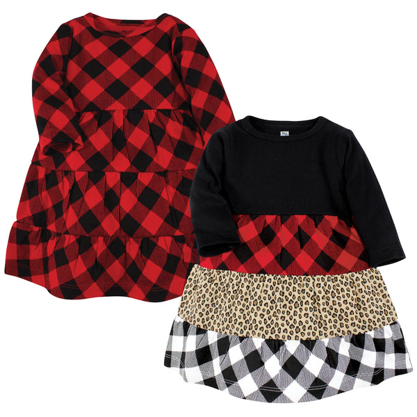 Hudson Baby Girl Cotton Dresses, Buffalo Plaid Leopard 2-Pack