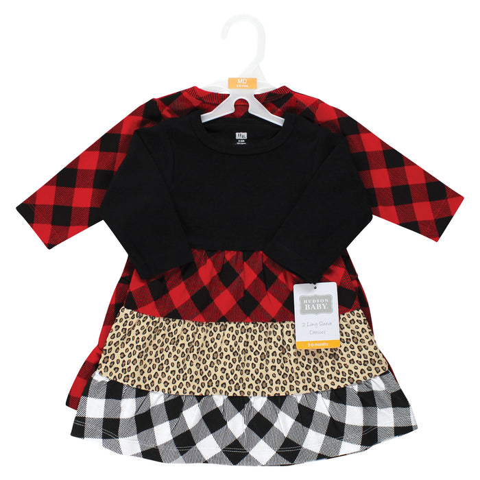 Hudson Baby Girl Cotton Dresses, Buffalo Plaid Leopard 2-Pack