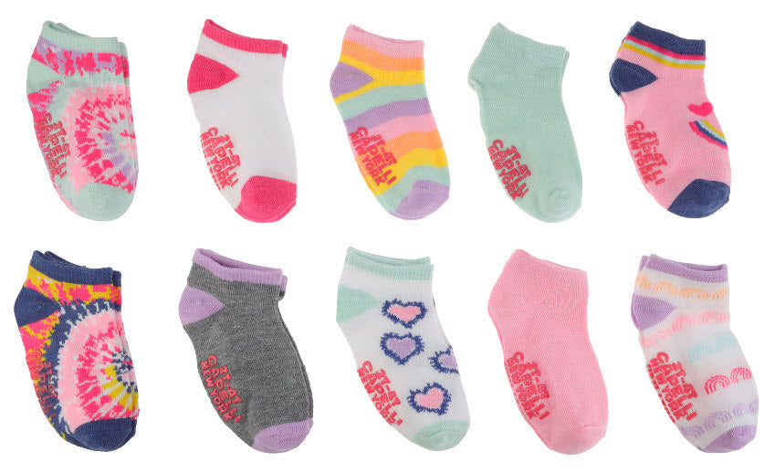 Capelli of New York Tie Dye Hearts Recycled 10 Pack No Shows Socks with Grippers