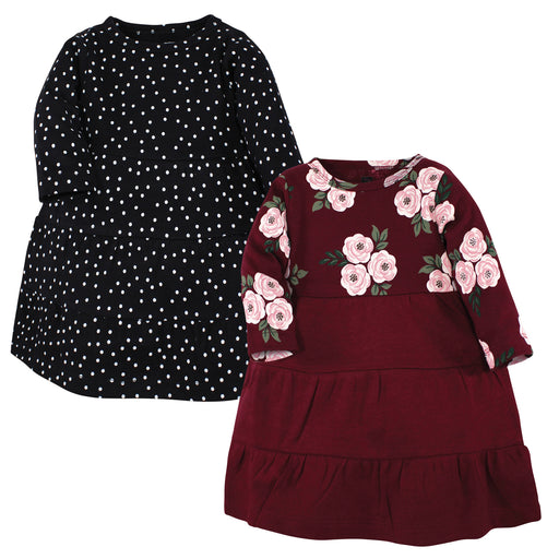 Hudson Baby Girl Cotton Dresses, Black Burgundy Floral 2-Pack
