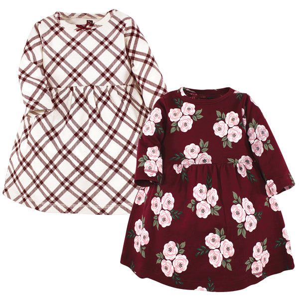 Hudson Baby Girl Cotton Dresses, Red Burgundy Floral 2-Pack