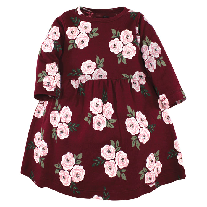 Hudson Baby Girl Cotton Dresses, Red Burgundy Floral 2-Pack