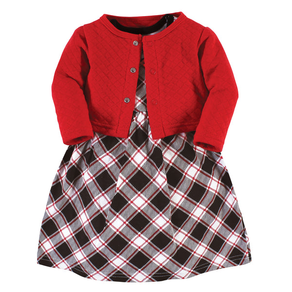 Hudson Baby Toddler and Baby Girl Quilted Cardigan and Dress, Black Red Plaid