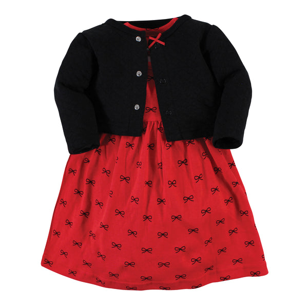 Hudson Baby Toddler and Baby Girl Quilted Cardigan and Dress, Red Black Bows