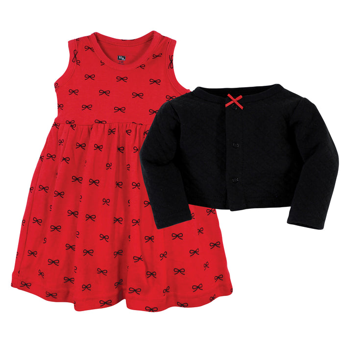 Hudson Baby Toddler and Baby Girl Quilted Cardigan and Dress, Red Black Bows