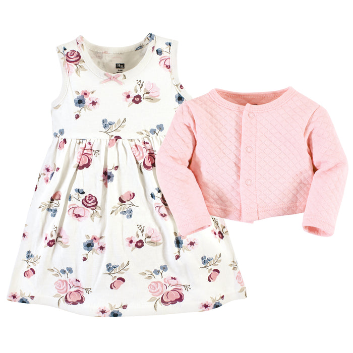 Hudson Baby Infant and Toddler Girl Quilted Cardigan and Dress, Dusty Rose Floral