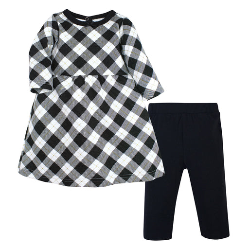 Hudson Baby Toddler & Baby Girl Quilted Cotton Dress and Leggings, Black Gold Plaid