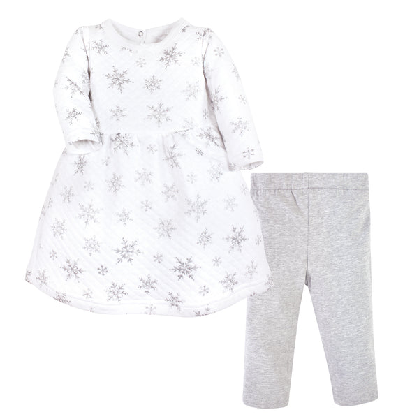 Hudson Baby Toddler & Baby Girl Quilted Cotton Dress and Leggings, Silver Snowflakes