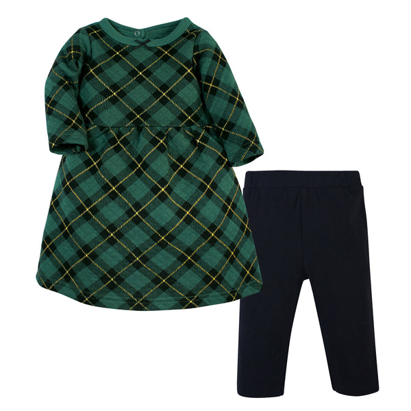 Hudson Baby Toddler & Baby Girl Quilted Cotton Dress and Leggings, Forest Green Plaid