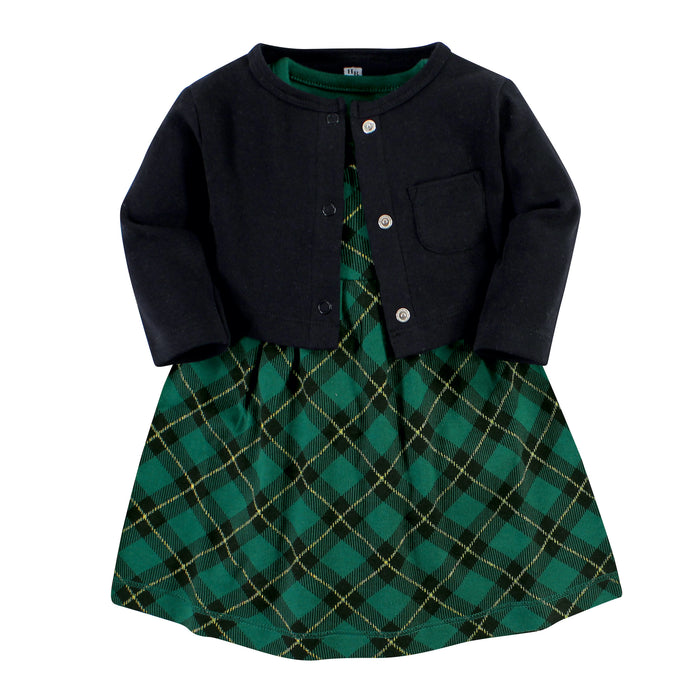 Hudson Baby Girls Cotton Dress and Cardigan Set, Forest Green Plaid