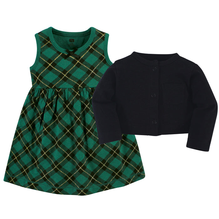 Hudson Baby Girls Cotton Dress and Cardigan Set, Forest Green Plaid