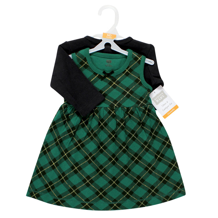 Hudson Baby Girls Cotton Dress and Cardigan Set, Forest Green Plaid