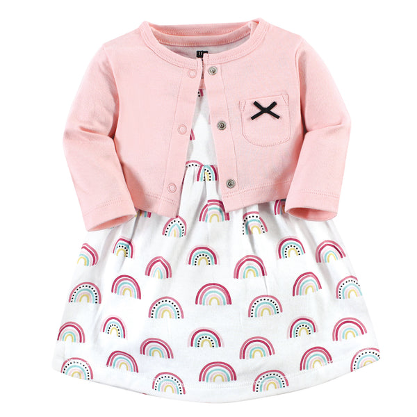 Hudson Baby Girls Cotton Dress and Cardigan Set, Modern Rainbow