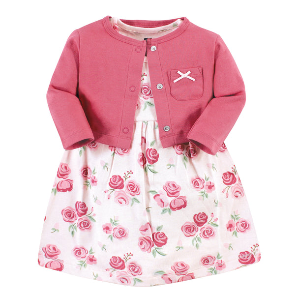 Hudson Baby Girls Cotton Dress and Cardigan Set, Blush Rose